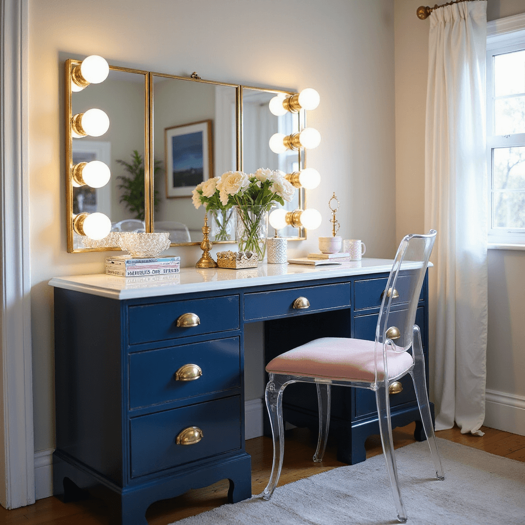 Teen Girl Bedroom Ideas: Creating the Perfect Personal Sanctuary A modern glam vanity vignette featuring a high-gloss navy vintage dresser with brass hardware, illuminated triple-panel mirror, lucite chair with blush cushion, and crystal accessories, all bathed in soft morning light.