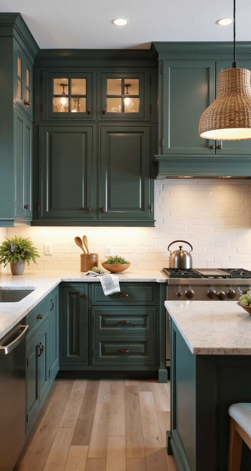 Green Kitchen Cabinets: Transforming Your Space with Nature's Most Versatile Color in 2025 A transitional kitchen featuring deep pine green cabinets with cream subway tile walls, champagne bronze and polished nickel fixtures, quartzite countertops, and woven pendant lights, captured at waist height to showcase the working triangle, blending modern and traditional styles with professional lighting highlighting color variations.