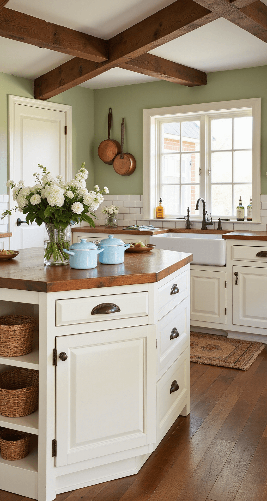 White Kitchen Cabinets: Transforming Your Space with Timeless Elegance A cozy traditional farmhouse kitchen featuring raised-panel white cabinets, antique bronze hardware, and a butcher block island adorned with vintage enamelware and fresh flowers, complemented by a sage green accent wall and warm, natural lighting.