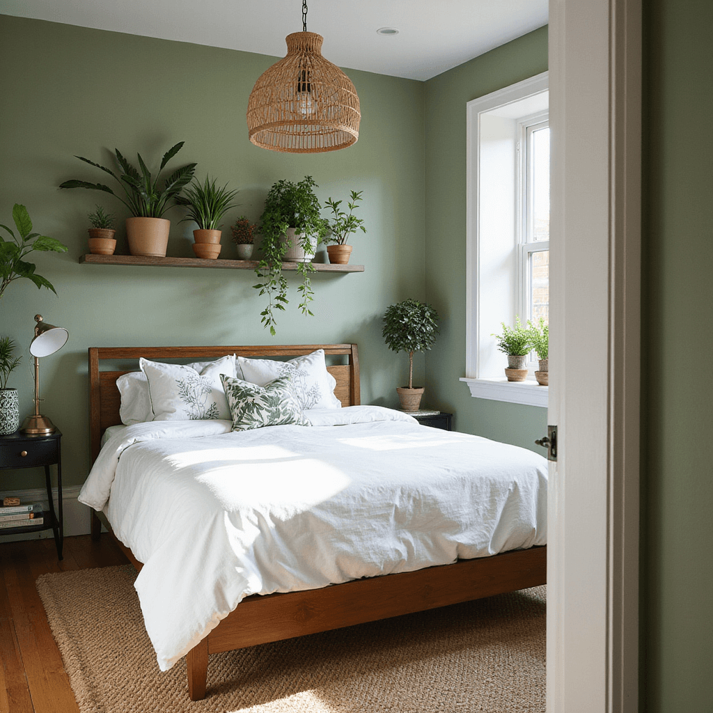 Bedroom Décor Ideas That Will Transform Your Space in 2025 A cozy botanical-themed bedroom featuring sage green walls, a queen bed with white linens and botanical print pillows, a living gallery wall of potted plants, woven bamboo pendant lights, and a natural jute rug, all illuminated by soft afternoon light.