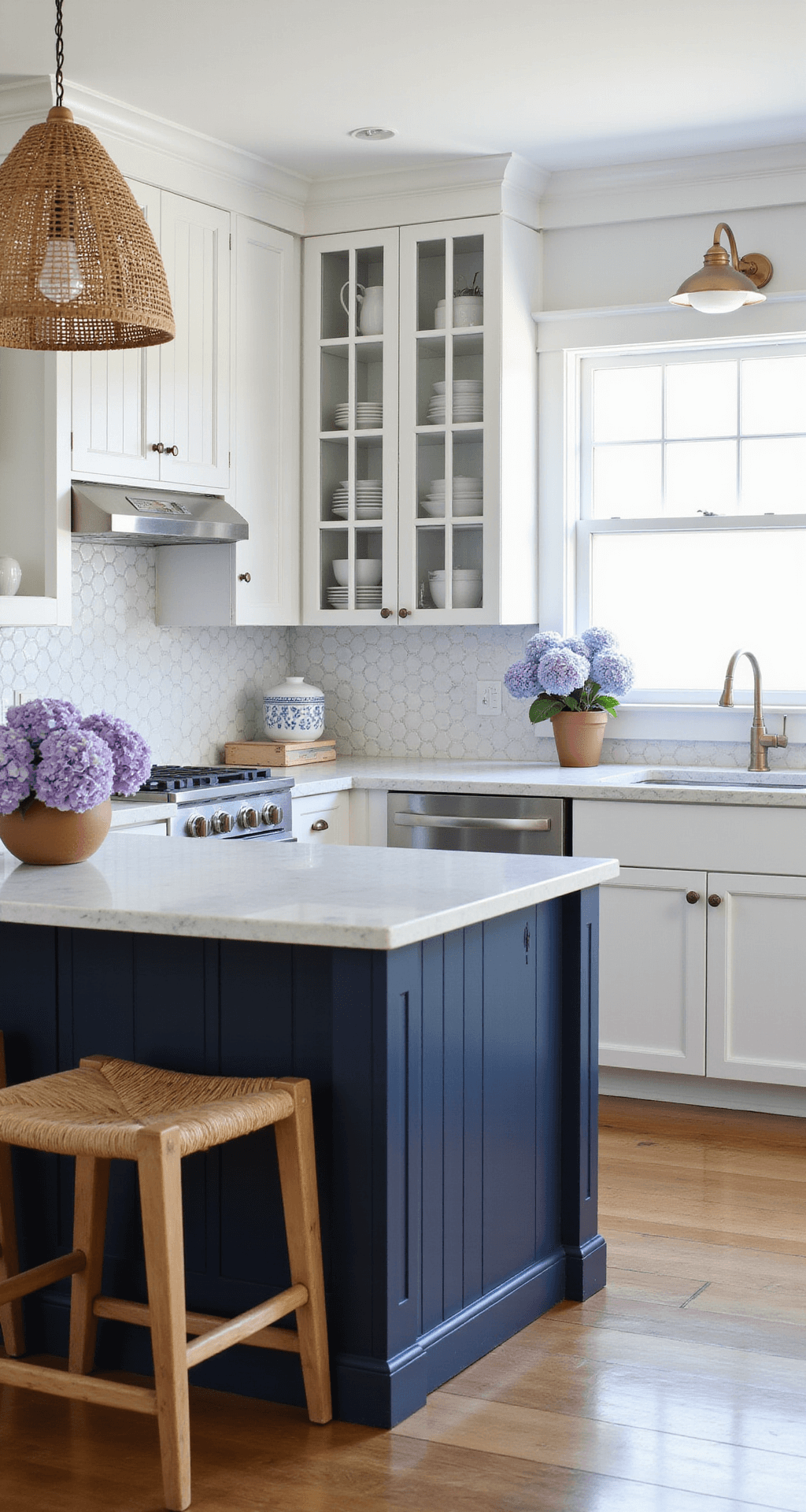 White Kitchen Cabinets: Transforming Your Space with Timeless Elegance A coastal-inspired kitchen featuring white beadboard cabinets, a navy blue island, and glass-front upper cabinets showcasing white dinnerware, with a marble hexagon tile backsplash reflecting afternoon light. Rattan bar stools and woven light fixtures introduce natural textures, while fresh hydrangeas add a touch of color, all captured in a low-angle shot emphasizing vertical lines and bright, clean lighting.