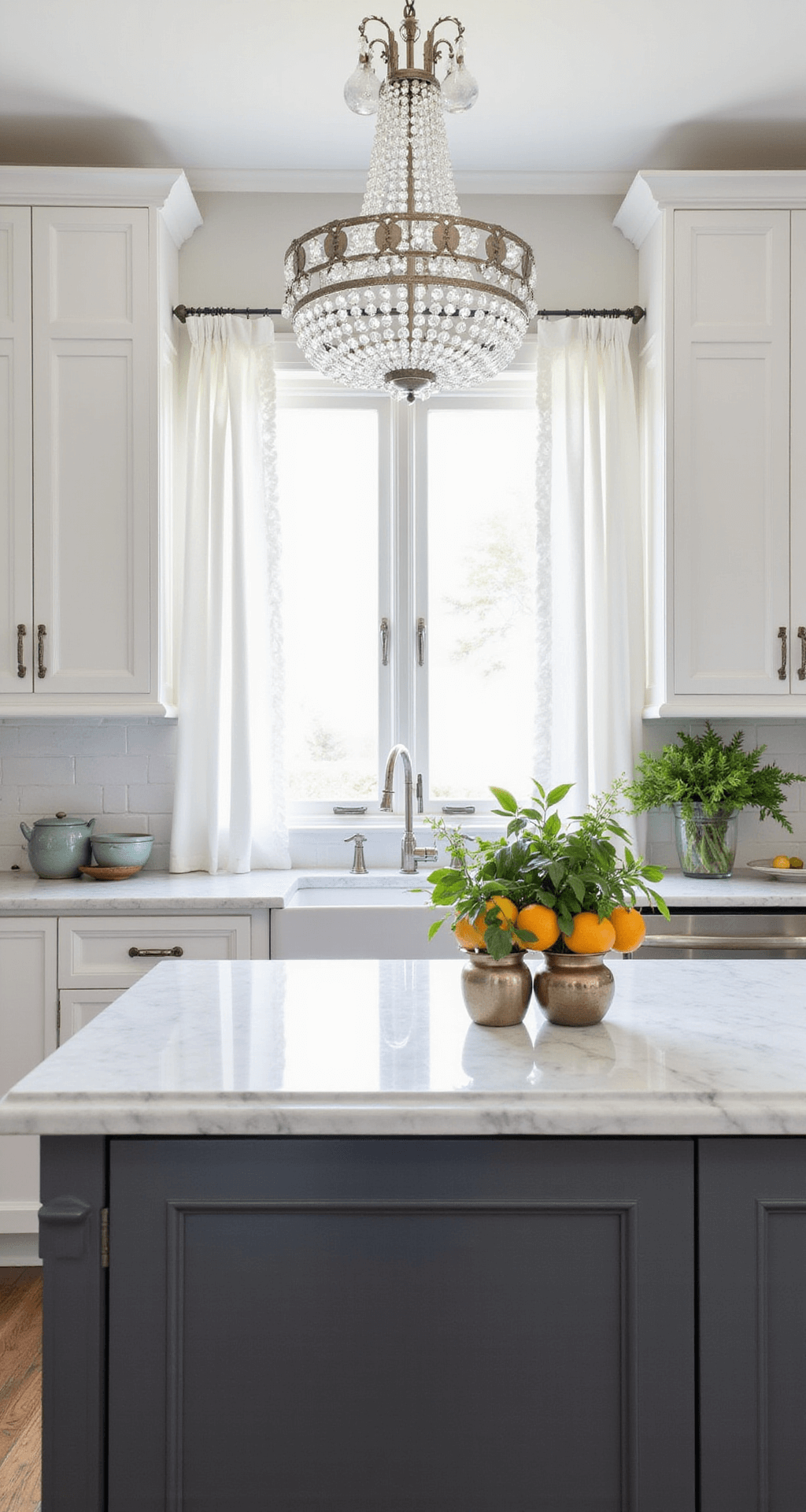 White Kitchen Cabinets: Transforming Your Space with Timeless Elegance Transitional kitchen featuring white inset cabinets, a charcoal island with a marble top, and a crystal chandelier above. Polished nickel hardware and a bridge faucet complement the design, with white cafe curtains filtering gentle morning light. Fresh citrus and herbs in vintage containers add touches of green to the white and gray palette, all captured in a symmetrical layout with soft, diffused natural lighting for an elegant atmosphere.