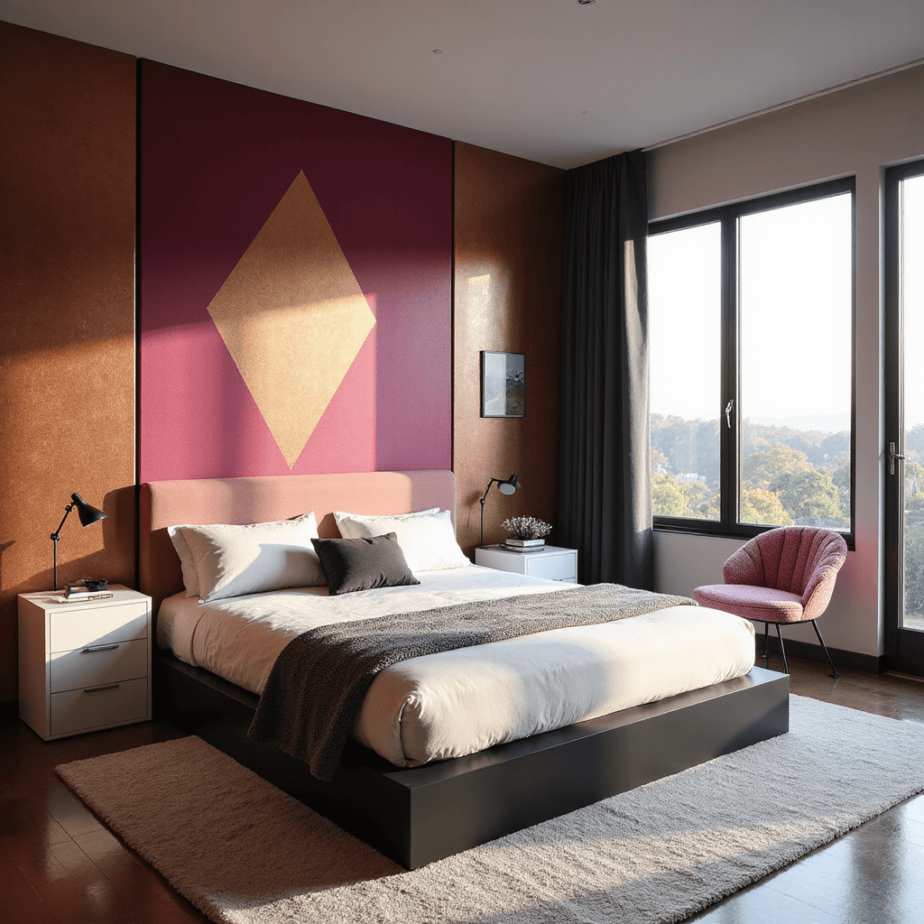Pink Bedroom Ideas: Transform Your Space with Elegant and Playful Pink Designs Modern primary bedroom featuring bold geometric magenta and copper wallpaper, a king-size matte black platform bed with a pink velvet headboard, minimalist white side tables, and a chunky pink bouclé accent chair. The room is illuminated by golden hour light filtering through floor-to-ceiling charcoal blackout curtains, casting dramatic shadows on textured surfaces.