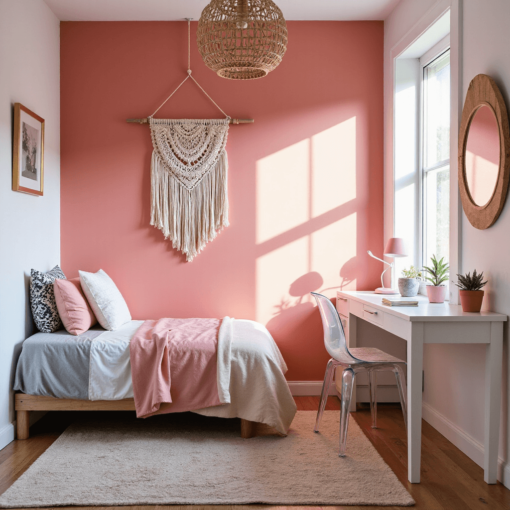 Pink Bedroom Ideas: Transform Your Space with Elegant and Playful Pink Designs A cozy teen bedroom featuring a vibrant coral pink accent wall, crisp white walls, a twin bed with color-blocked pink, gray, and white bedding, and mixed pattern pillows. A white desk with a lucite chair and pink task lamp complements the space. A macramé wall hanging adds texture above the bed, while a rattan pendant light casts intricate shadows. The wide-angle shot captures the bright midday light and emphasizes the room's youthful energy.