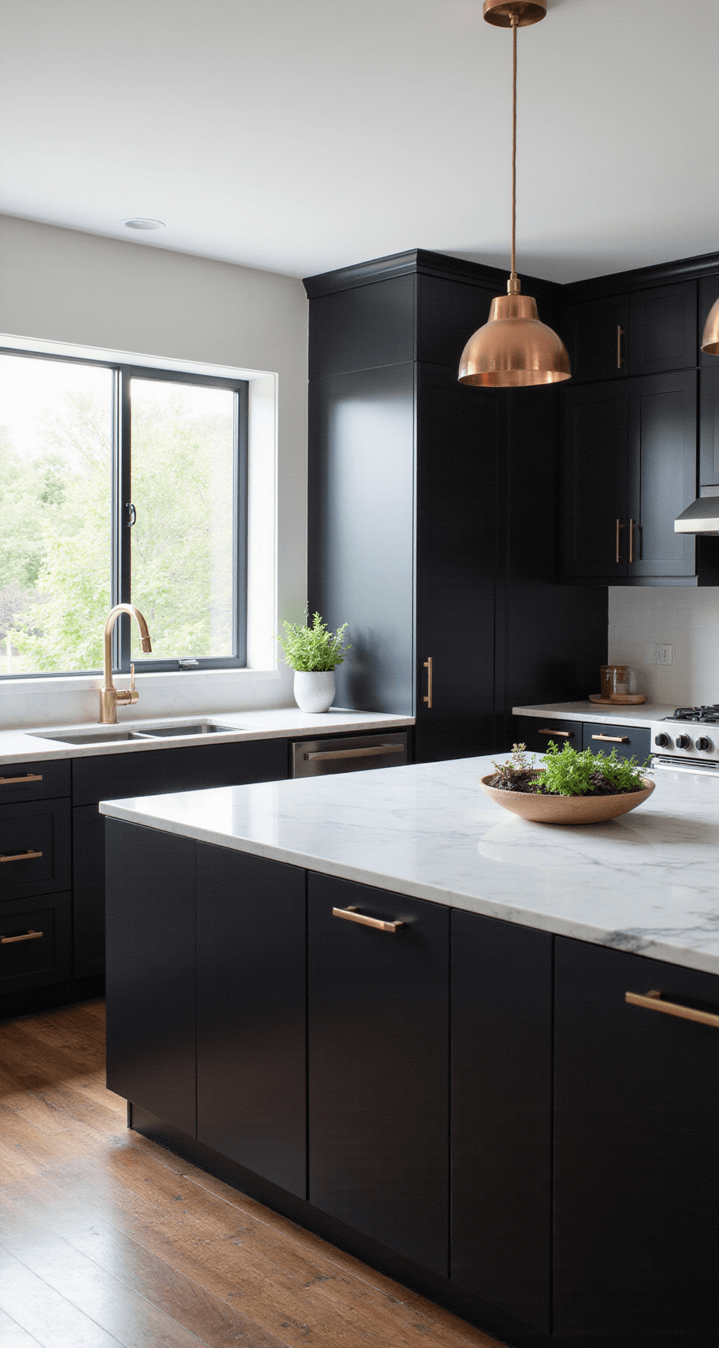 Black Kitchen Cabinets: The Ultimate Design Statement for Modern Homes A spacious modern matte black kitchen featuring floor-to-ceiling cabinets, white quartz waterfall countertops, and a black veined marble island, illuminated by morning light through large windows, with brushed brass hardware and minimal decor.