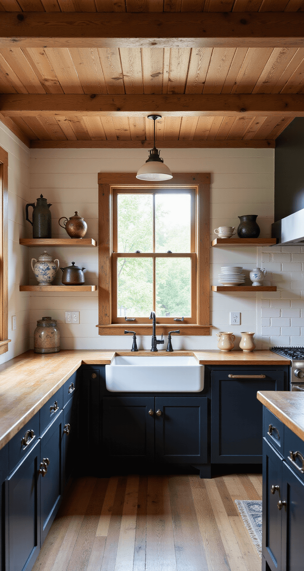 Black Kitchen Cabinets: The Ultimate Design Statement for Modern Homes Intimate farmhouse kitchen featuring black shaker cabinets, butcher block counters, and a white ceramic sink, with exposed beams and shiplap ceiling illuminated by golden afternoon light.