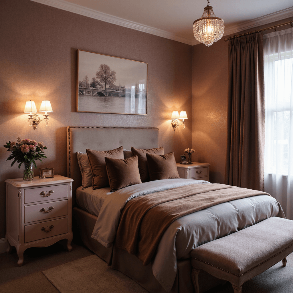 Pink Bedroom Ideas: Transform Your Space with Elegant and Playful Pink Designs Sophisticated guest bedroom at dusk featuring dusty rose grasscloth wallpaper, a queen bed with mauve silk and velvet layers, a vintage pale pink French dresser, and crystal sconces for ambient lighting, captured from an elevated angle.