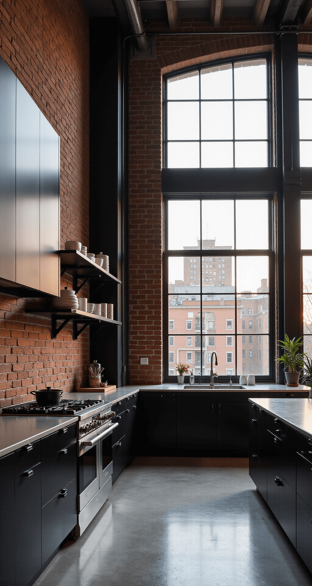 Black Kitchen Cabinets: The Ultimate Design Statement for Modern Homes Industrial black kitchen in a double-height loft featuring exposed brick walls, steel beams, and dramatic evening lighting from oversized windows, showcasing high-gloss black cabinets, stainless steel countertops, and blackened steel open shelving with minimalist white ceramics.