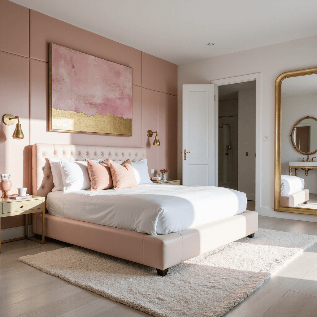 Pink Bedroom Ideas: Transform Your Space with Elegant and Playful Pink Designs Contemporary primary suite featuring a high-gloss ballet pink lacquer feature wall, a California king bed with a pale pink leather channel-tufted headboard, oversized abstract art in pink and gold, white oak flooring with a plush cream area rug, and brushed brass lighting fixtures, viewed through to an ensuite bath, illuminated by afternoon light.