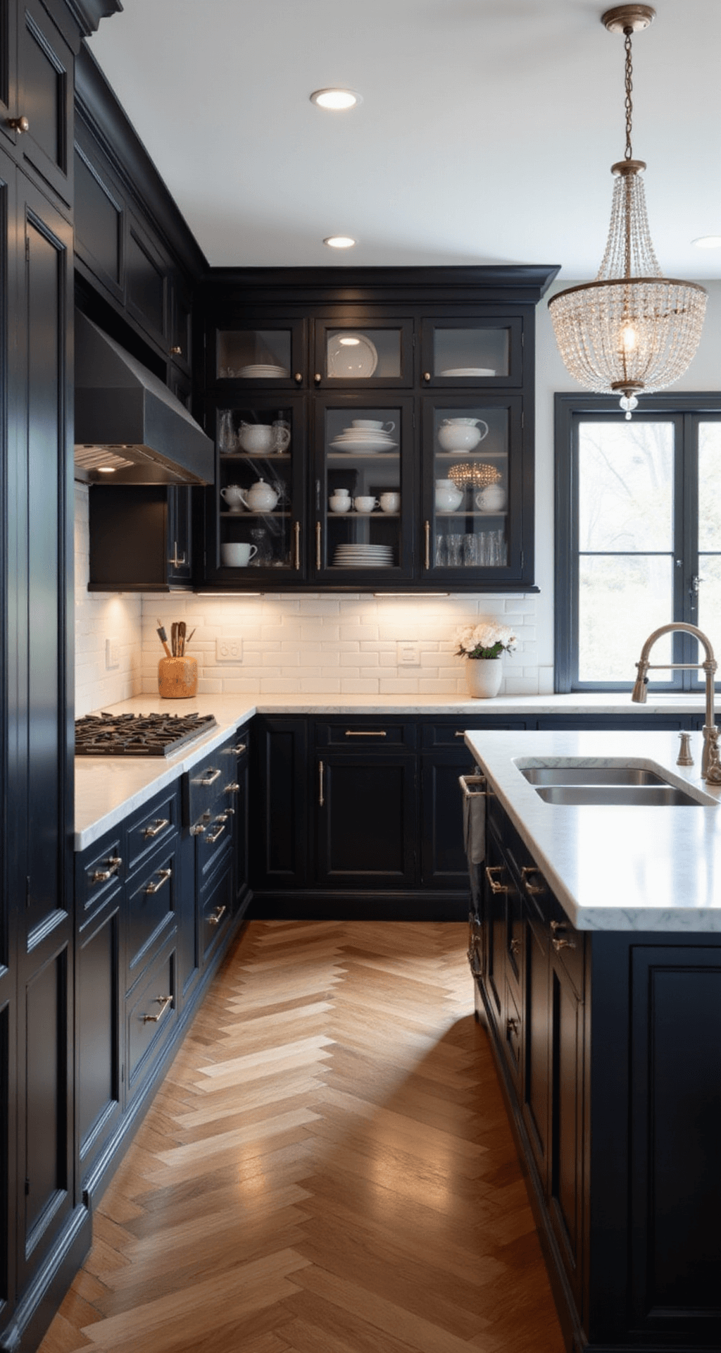 Black Kitchen Cabinets: The Ultimate Design Statement for Modern Homes Elegant black kitchen featuring crown molding, wainscoting, black raised-panel cabinets, white marble counters, and herringbone hardwood floors, illuminated by natural light and a crystal chandelier.