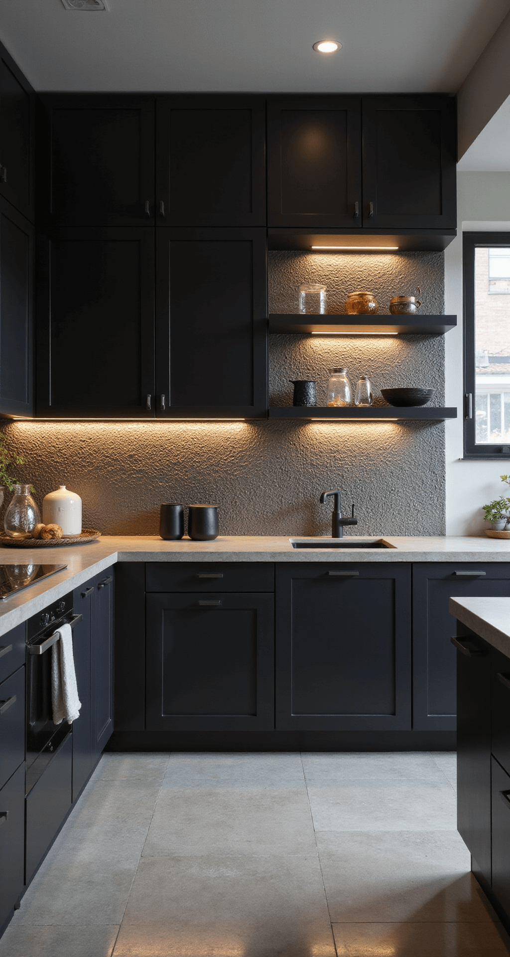 Black Kitchen Cabinets: The Ultimate Design Statement for Modern Homes Contemporary mixed-finish kitchen with matte and glossy black cabinets, concrete countertops, metallic mosaic backsplash, and large porcelain floor tiles, captured in dusk lighting from a diagonal angle to emphasize depth and texture.