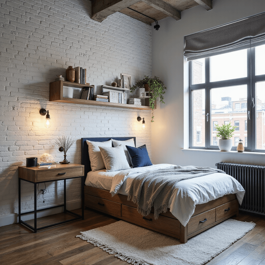 Bedroom Layout Ideas: Your Ultimate Guide to Creating a Dreamy Sleep Sanctuary A cozy urban bedroom featuring a twin bed in the corner with built-in storage drawers, white-painted brick walls adorned with floating shelves and sconces, and a multi-functional desk that serves as a nightstand, all bathed in cool morning light filtering through roman shades, styled in a gray, white, and navy color palette with industrial-modern touches and soft textures.