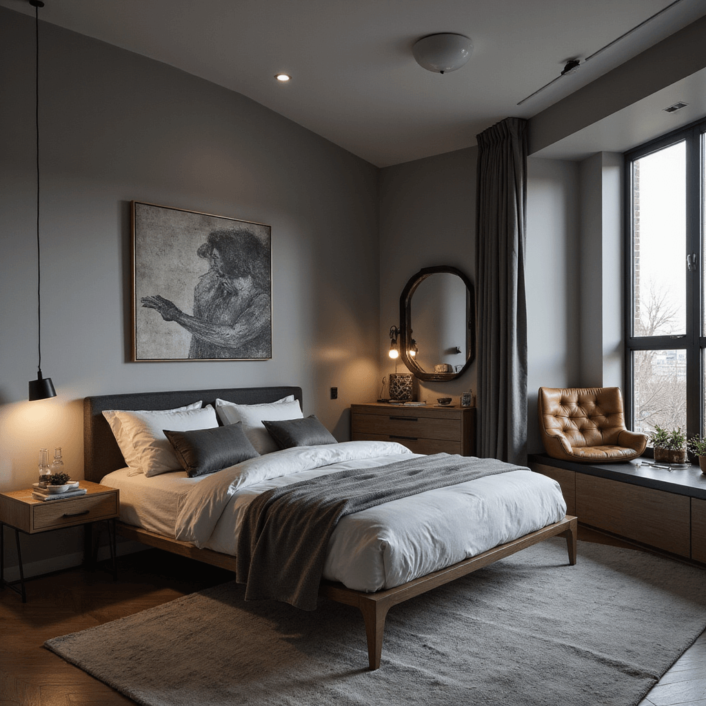 Bedroom Layout Ideas: Your Ultimate Guide to Creating a Dreamy Sleep Sanctuary A contemporary 12x14ft bedroom photographed at dusk, featuring a queen bed with a minimalist platform frame, a reading nook with a leather chair and brass lamp, and a clean-lined dresser that subtly divides the space, all in a warm gray monochromatic scheme with black accents.