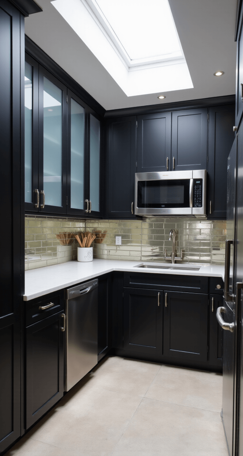 Black Kitchen Cabinets: The Ultimate Design Statement for Modern Homes A modern minimalist 10x12ft black kitchen featuring floor-to-ceiling cabinets, a skylight for bright midday light, a mirrored backsplash, light quartz counters, stainless steel appliances, and clever storage solutions.