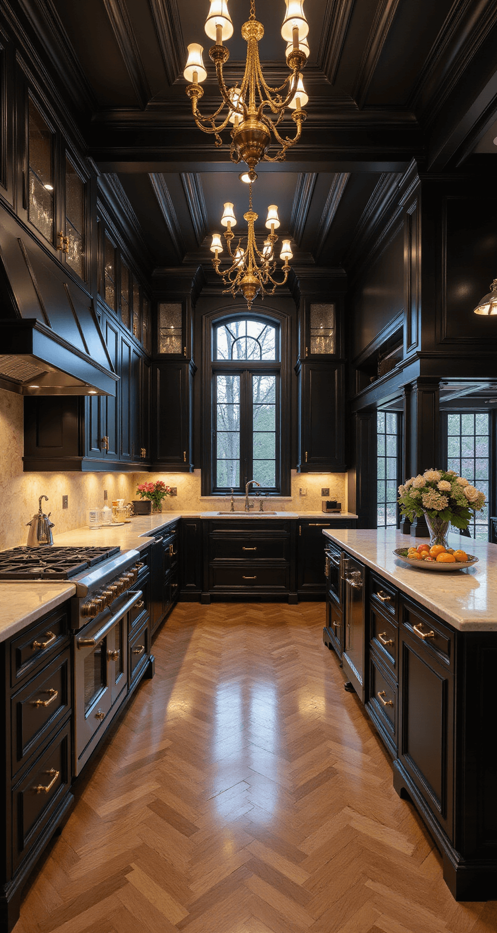 Black Kitchen Cabinets: The Ultimate Design Statement for Modern Homes Luxury black kitchen featuring coffered ceilings, custom chandeliers, black lacquered cabinets with gold hardware, Calacatta gold marble counters, professional black stainless appliances, and classic parquet floors, designed with modern luxury and classical influences.