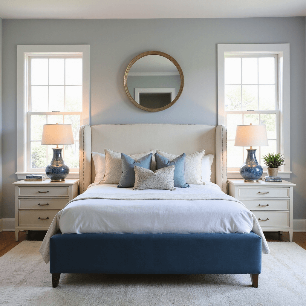 Bedroom Layout Ideas: Your Ultimate Guide to Creating a Dreamy Sleep Sanctuary A symmetrical bedroom featuring a navy bed frame with ivory upholstered nightstands on either side, twin ceramic lamps providing a soft glow, and a large round mirror above the headboard reflecting natural light, all within a coastal-inspired color palette of blues, creams, and soft metallics.
