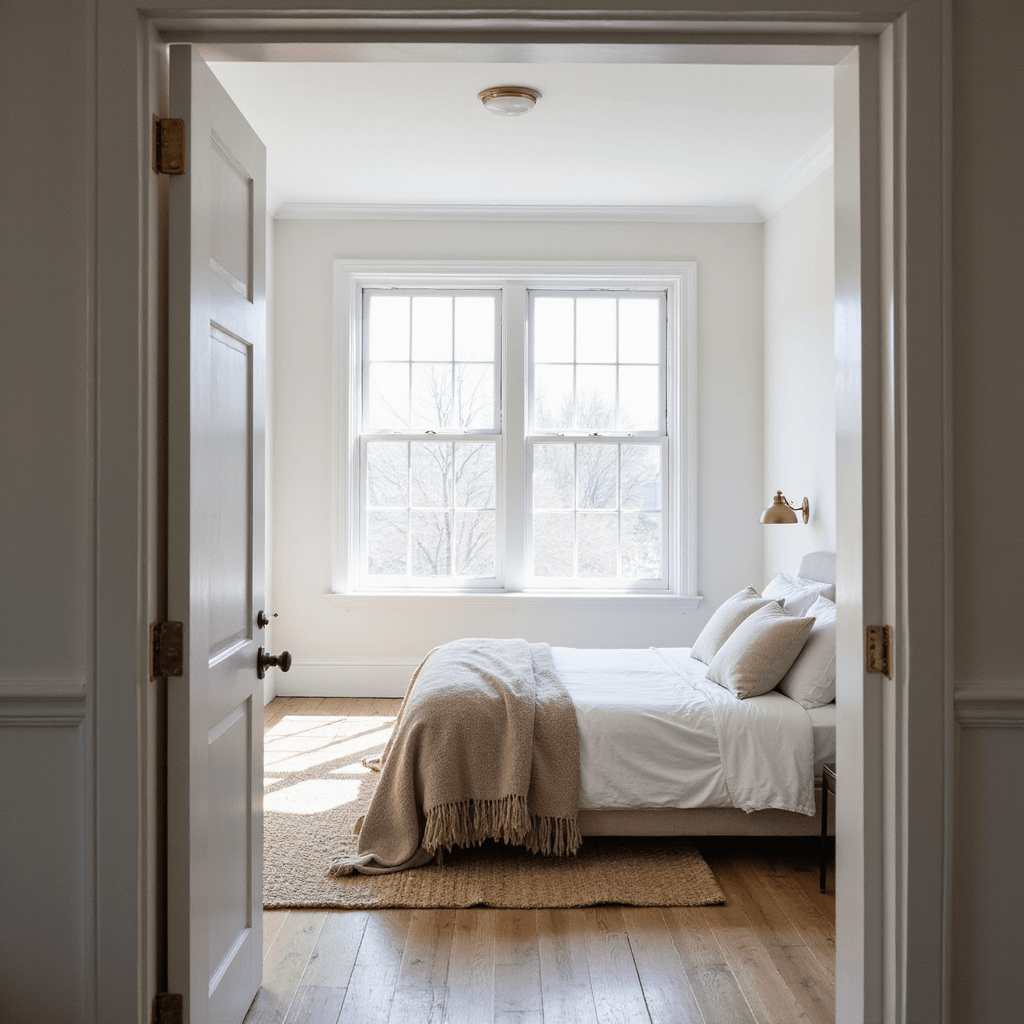 Bedroom Paint Ideas: Transform Your Personal Sanctuary in 2025 A serene primary bedroom featuring a king-sized bed with white linen bedding, oatmeal-toned throws, and floor-to-ceiling windows letting in morning light, set against warm white walls and a natural jute rug, styled in a modern organic design with Scandinavian influences.