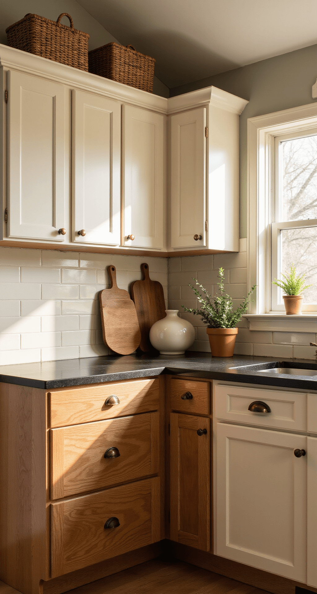 Two-Tone Kitchen Cabinets: The Ultimate Style Statement for Modern Kitchens A corner kitchen with natural wood lower cabinets and cream upper cabinets, featuring vintage brass pulls. A cream subway tile backsplash complements the design. The shot captures warm golden hour lighting from a 45-degree angle, highlighting cabinet textures and styled with wooden cutting boards, woven baskets, and potted eucalyptus.