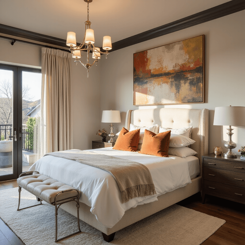 Bedroom Paint Ideas: Transform Your Personal Sanctuary in 2025 Sophisticated primary suite featuring a California king bed with a cream bouclé headboard, accented by terracotta pillows, surrounded by oversized abstract art in earth tones, illuminated by a modern chandelier in warm lighting.