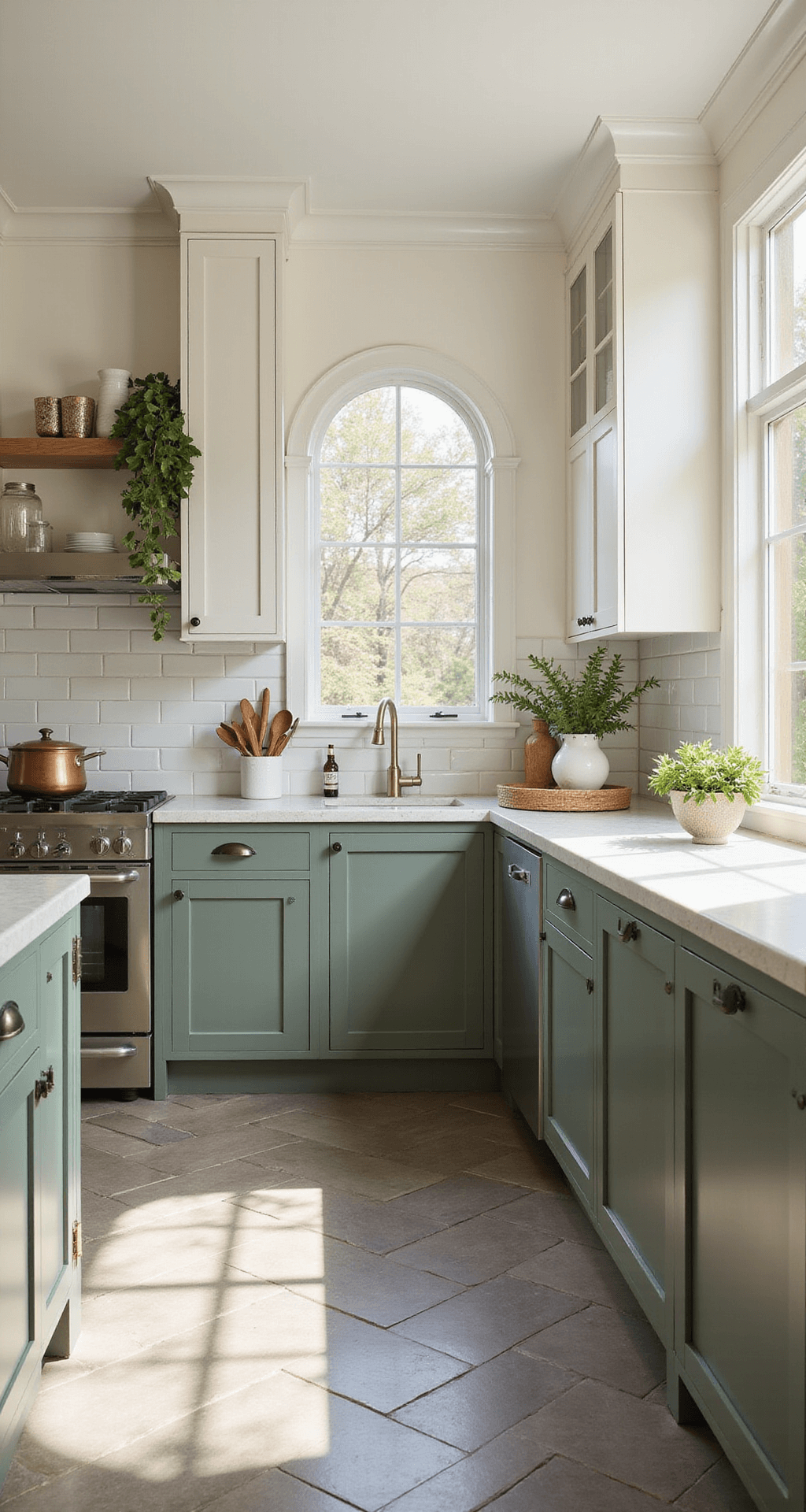 Two-Tone Kitchen Cabinets: The Ultimate Style Statement for Modern Kitchens Sun-drenched L-shaped kitchen featuring sage green base cabinets and ivory upper cabinets, both in satin finish, with quartz countertops and herringbone tile floor, styled with copper cookware, white ceramics, and trailing plants, captured in a low angle shot emphasizing vertical lines and natural light.