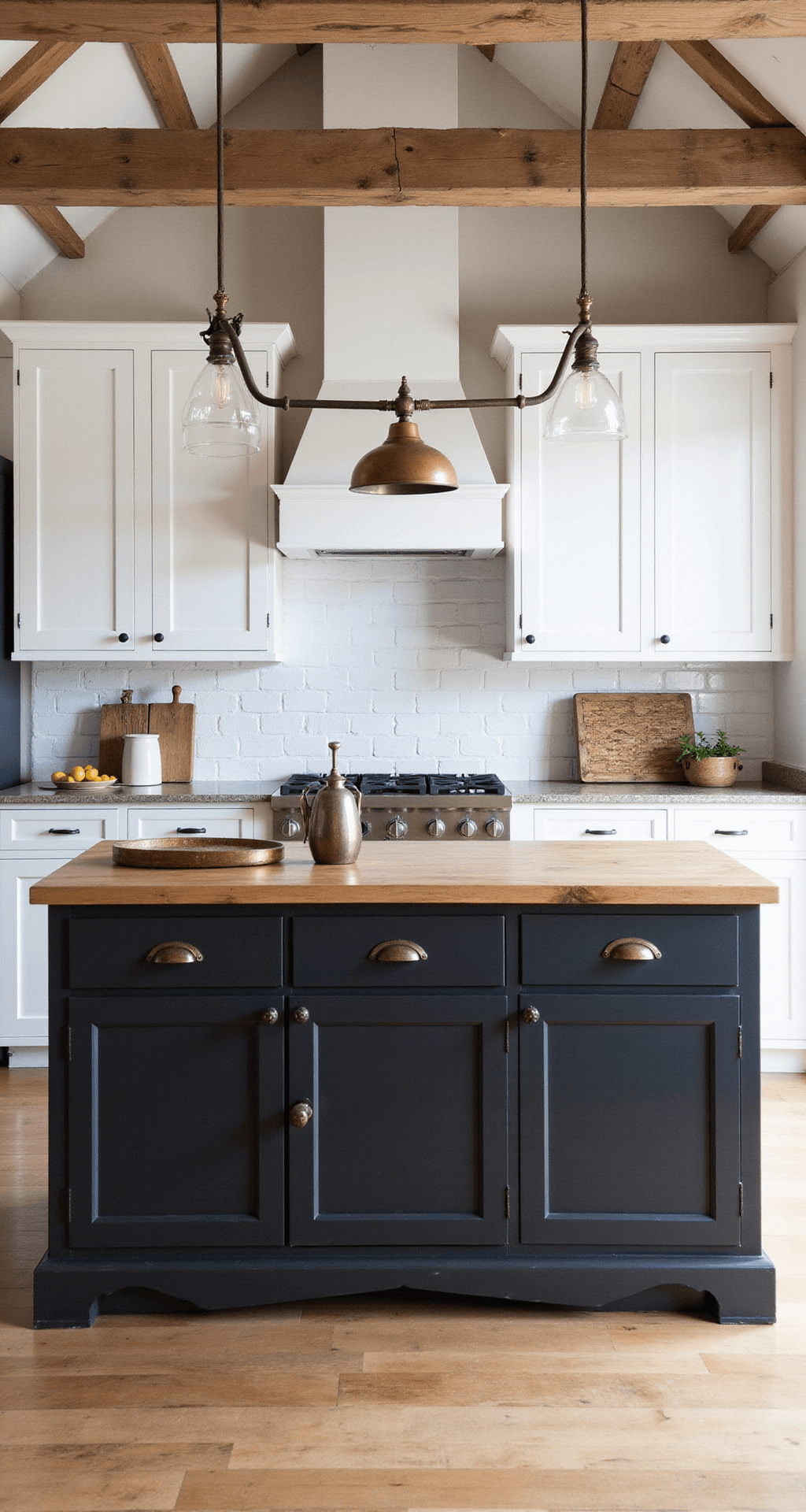 Two-Tone Kitchen Cabinets: The Ultimate Style Statement for Modern Kitchens A contemporary farmhouse kitchen featuring a symmetrical layout with exposed beams, black matte lower cabinets, whitewashed upper cabinets, and a butcher block island with a white base. The space includes mixed metal fixtures, vintage-inspired lighting, and styled with antique copper, woven textures, and rustic elements.