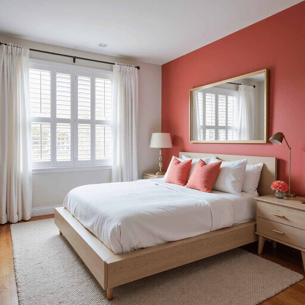 Bedroom Paint Ideas: Transform Your Personal Sanctuary in 2025 A bright and airy bedroom featuring a BEHR Ocean Abyss accent wall behind a modern light oak platform bed dressed in white linens, with coral and brass accents. Plantation shutters allow natural light to stream in, while an oversized mirror reflects the light. Textured white curtains frame the windows, adding to the clean, contemporary styling and dramatic color contrast. The photo is taken from bed height, capturing the full width of the room.