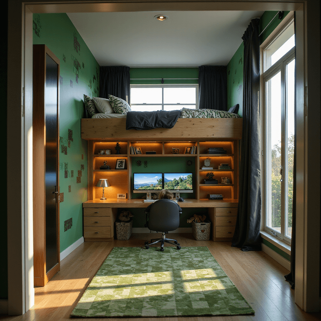 Designing the Ultimate Boys' Bedroom: A Comprehensive Guide to Creating a Space They'll Love A low-angle view from the doorway of a spacious Minecraft-themed bedroom featuring forest green walls with pixelated decals, a loft-style bed with a light oak desk underneath, and creative storage solutions like floating cube shelves. The room is illuminated by soft afternoon light and LED strip lighting, showcasing emerald green and brown decor, custom creeper-pattern bedding, and a geometric area rug.