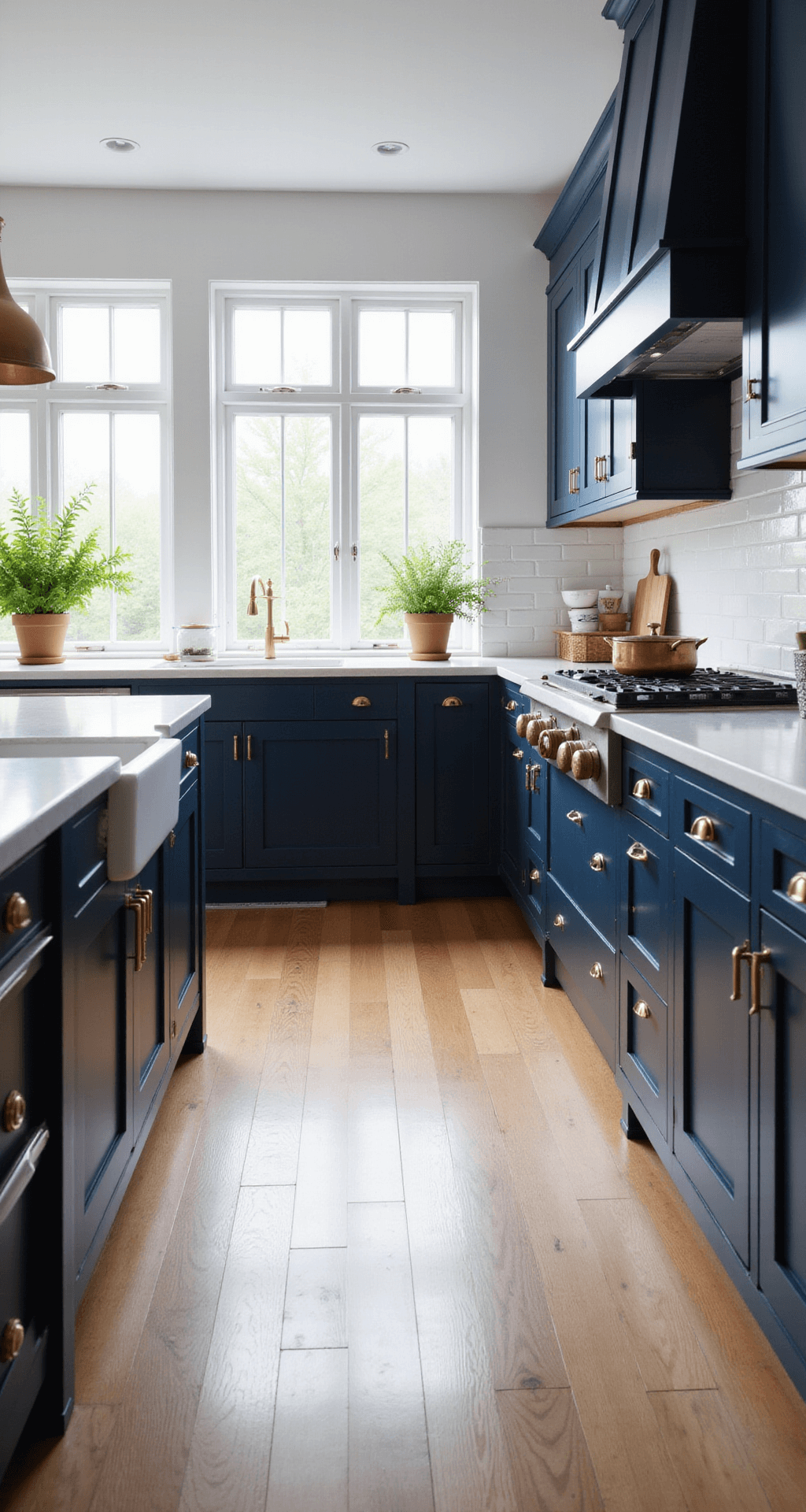 Blue Kitchen Cabinets: Transforming Your Culinary Space with Color and Style A contemporary kitchen featuring navy blue shaker cabinets, white quartz countertops, and a large island with a waterfall edge, all illuminated by morning light from floor-to-ceiling windows, with warm oak floors and stylish accents like copper cookware and fresh herbs.