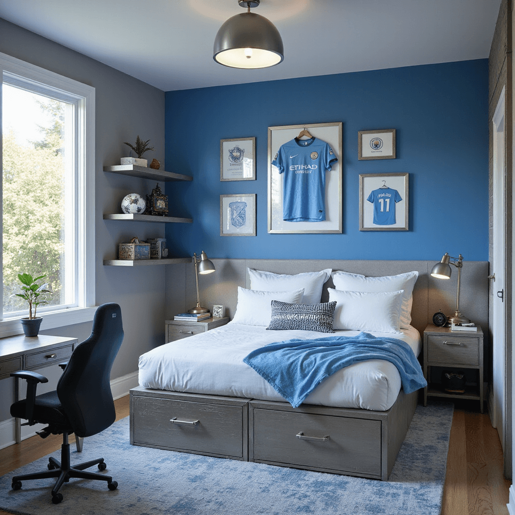 Designing the Ultimate Boys' Bedroom: A Comprehensive Guide to Creating a Space They'll Love Corner view of a sports-themed bedroom featuring a Manchester City blue accent wall with signed jerseys in floating frames, a twin platform bed with storage, modern desk and ergonomic chair, and sports equipment on industrial shelving, all illuminated by morning sunlight.