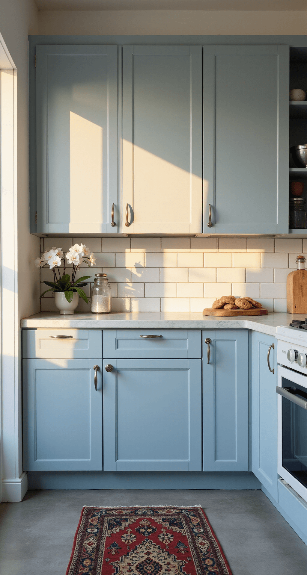 Blue Kitchen Cabinets: Transforming Your Culinary Space with Color and Style A cozy 10x12ft kitchen at golden hour featuring powder blue flat-panel cabinets, marble countertops, and a white subway tile backsplash. The light grey porcelain floors are accented by a vintage Persian runner, while glass canisters, a professional stand mixer, and blooming white orchids add a touch of warmth.