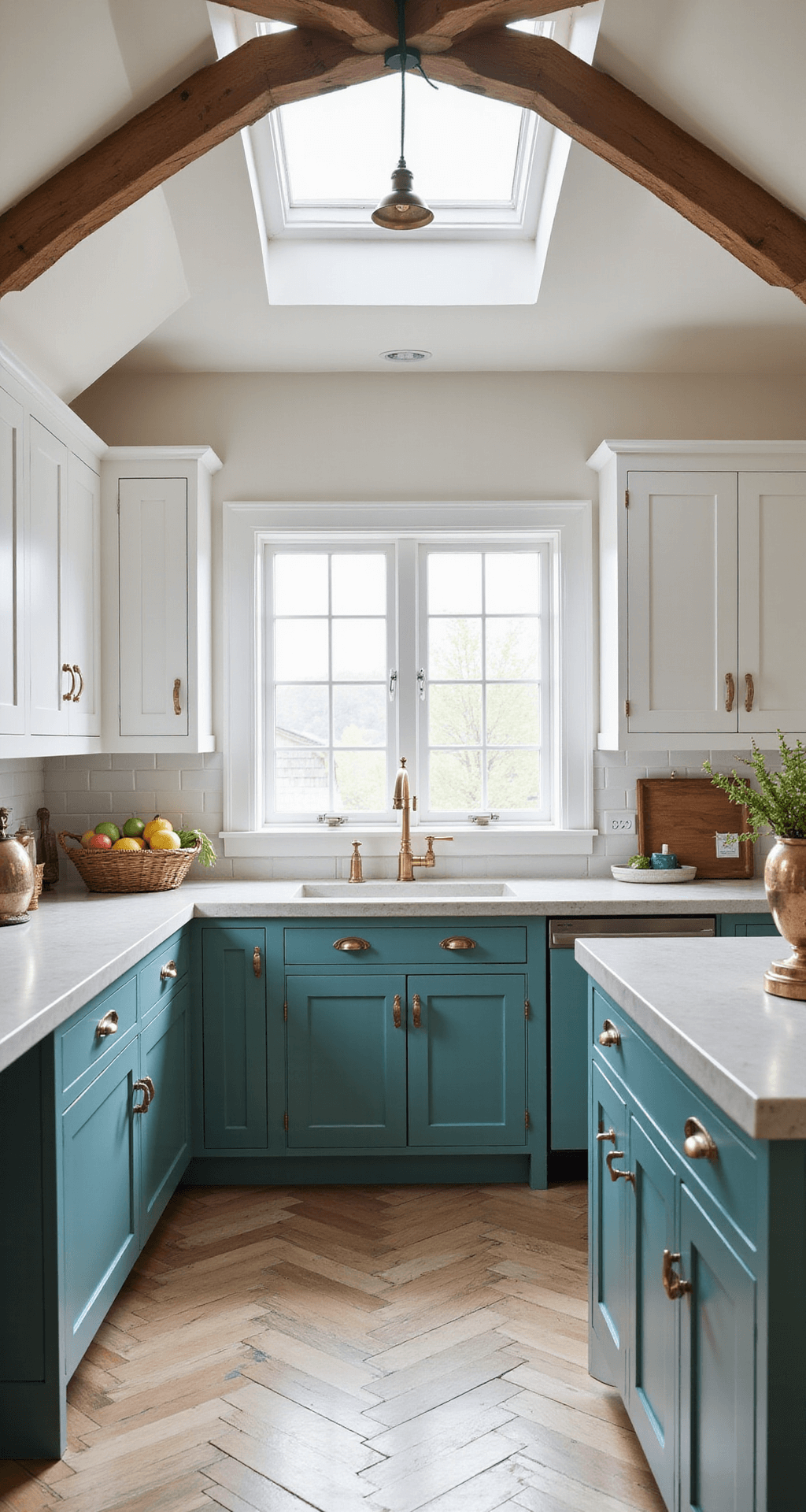 Blue Kitchen Cabinets: Transforming Your Culinary Space with Color and Style A modern farmhouse kitchen with Aegean teal lower cabinets and white upper cabinets, featuring soapstone countertops and weathered brass hardware. Exposed wooden beams grace the vaulted ceiling, and the herringbone tile floor is highlighted by natural light from a skylight, showcasing antique copper pots, woven baskets, and fresh produce.