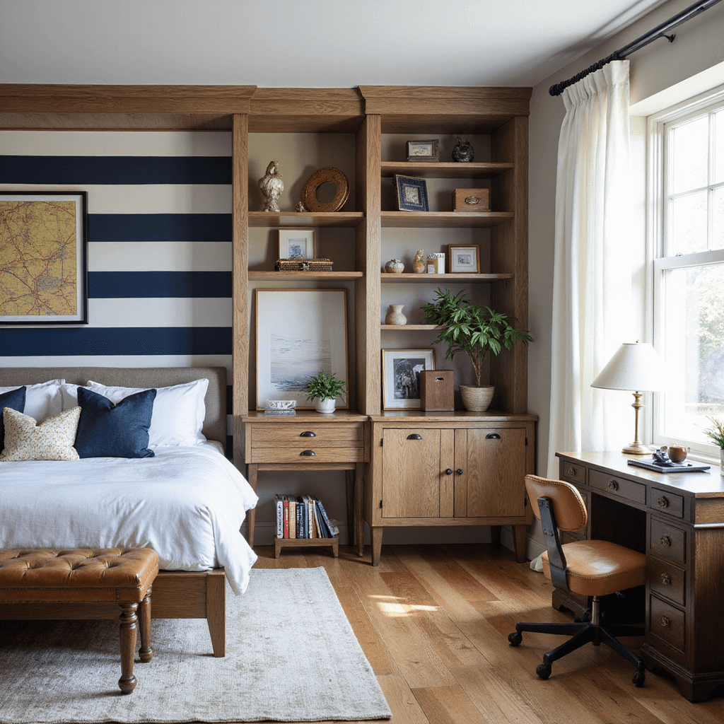 Designing the Ultimate Boys' Bedroom: A Comprehensive Guide to Creating a Space They'll Love Detail shot of a vintage-modern fusion bedroom featuring a navy and white striped wall, custom built-in storage bed, antique desk as a gaming station, and a gallery wall of vintage maps and contemporary art, all illuminated by soft mid-morning light.