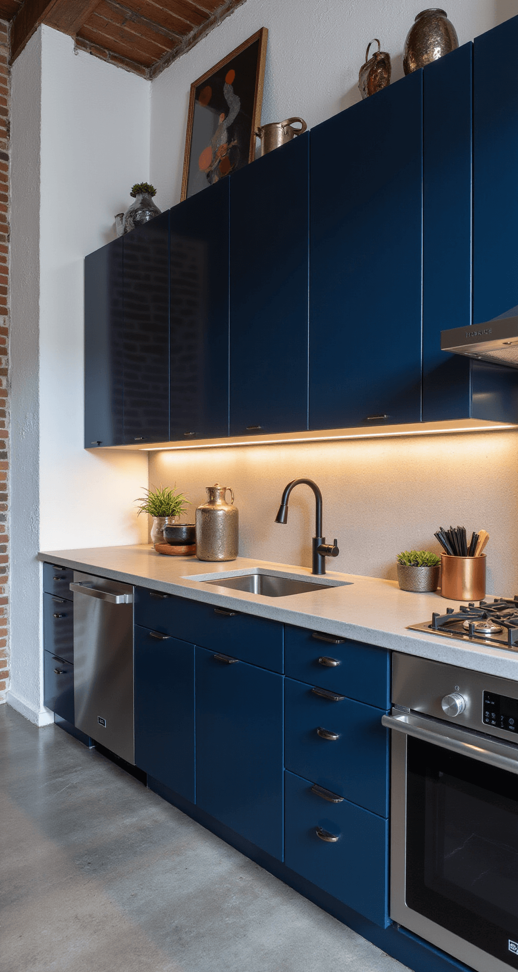 Blue Kitchen Cabinets: Transforming Your Culinary Space with Color and Style A dramatic night shot of an urban loft kitchen featuring deep midnight blue high-gloss cabinets, concrete countertops, and stainless steel appliances, with an exposed white brick wall. The image captures the height of the ceiling and highlights LED under-cabinet lighting casting shadows, complemented by modern art and geometric sculptures.