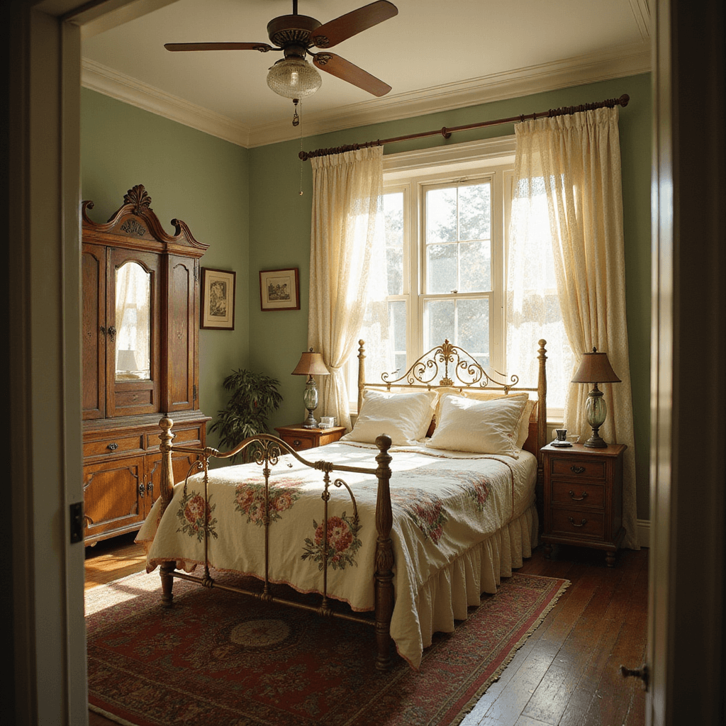 Vintage Bedroom Ideas: Your Ultimate Guide to Timeless Charm A vintage bedroom with a brass bed dressed in ivory linens and a quilt, sunlight filtering through lace curtains, featuring an oak armoire and distressed nightstands with mercury glass lamps, captured with warm tones and soft textures.