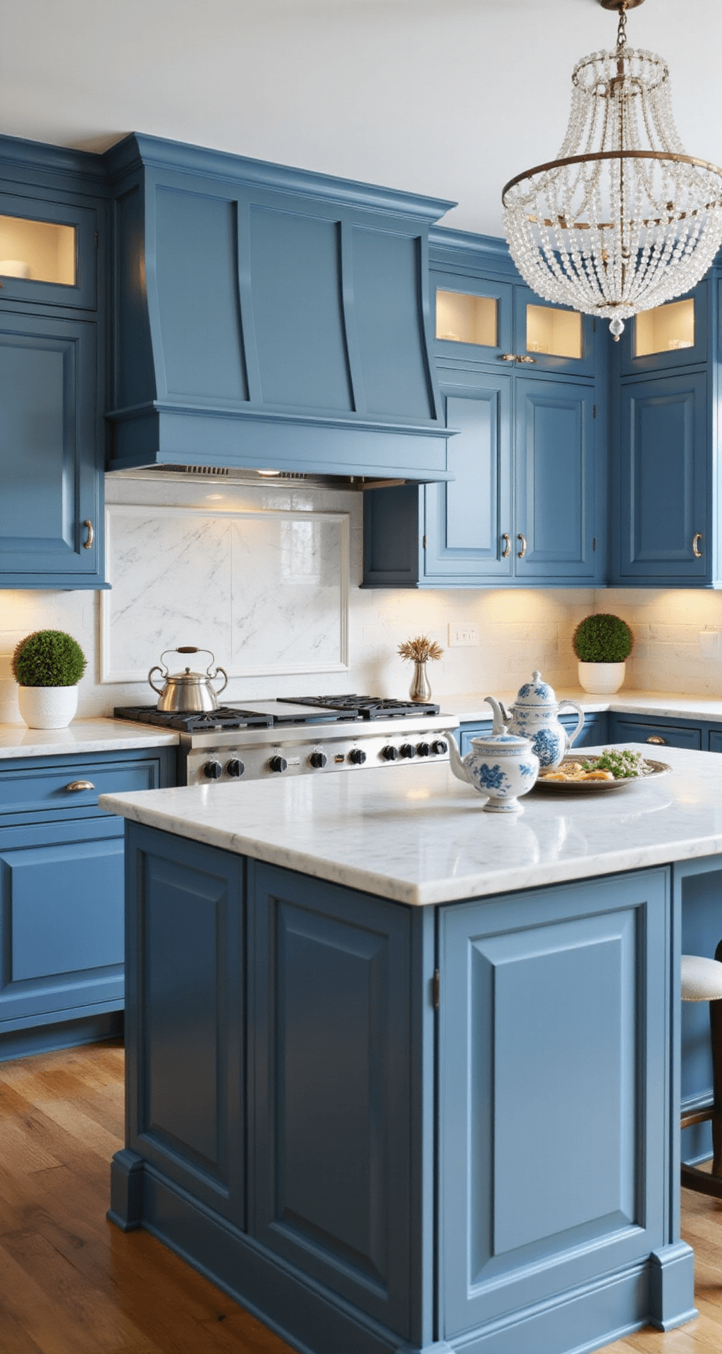 Blue Kitchen Cabinets: Transforming Your Culinary Space with Color and Style Traditional kitchen featuring French blue raised-panel cabinets with antique silver hardware, Calacatta marble counters and backsplash, a crystal chandelier over the island, and styled with a silver tea service, topiaries, and classic blue-and-white porcelain, all illuminated by soft morning light.