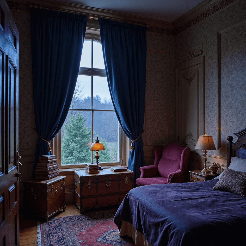 Vintage Bedroom Ideas: Your Ultimate Guide to Timeless Charm An intimate Victorian-era bedroom corner at blue hour, featuring a velvet reading chair in deep aubergine next to a tall arched window, a vintage trunk as a side table with leather-bound books and a tarnished brass lamp, and heavy steel blue damask curtains, captured from a low angle to emphasize the intricate plasterwork and ceiling height, with moody lighting highlighting the rich textures of velvet, wallpaper, leather, and wood.
