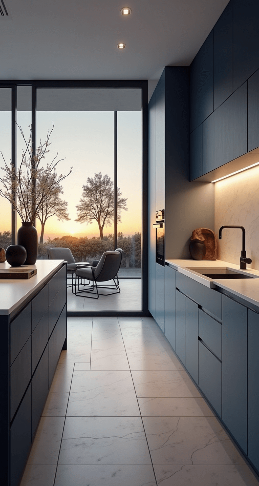 Blue Kitchen Cabinets: Transforming Your Culinary Space with Color and Style A contemporary open-concept kitchen at sunset, featuring gradient blue cabinets, a pure white waterfall quartz island, and floor-to-ceiling windows with black frames, showcasing a wide view of the living space with silhouettes enhanced by dramatic backlighting, and styled with black matte accessories and modern art.