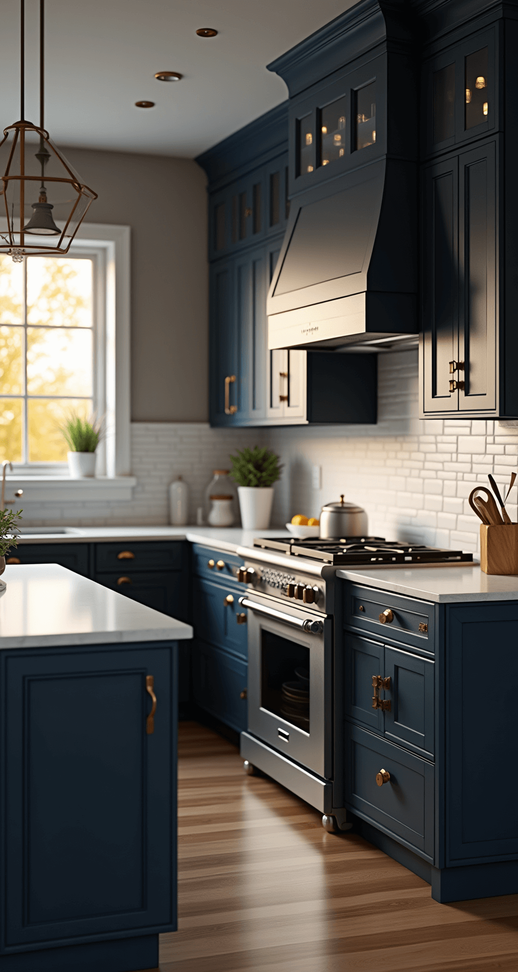 Kitchen Cabinet Makeover: Transform Your Space Without Breaking the Bank Moody evening kitchen featuring navy blue cabinets and quartz countertops, illuminated by warm golden hour light from west-facing windows. The dramatic island with a waterfall edge is highlighted, with a low camera angle showcasing cabinet details, white ceramics, and glass canisters, complemented by industrial pendant lighting.