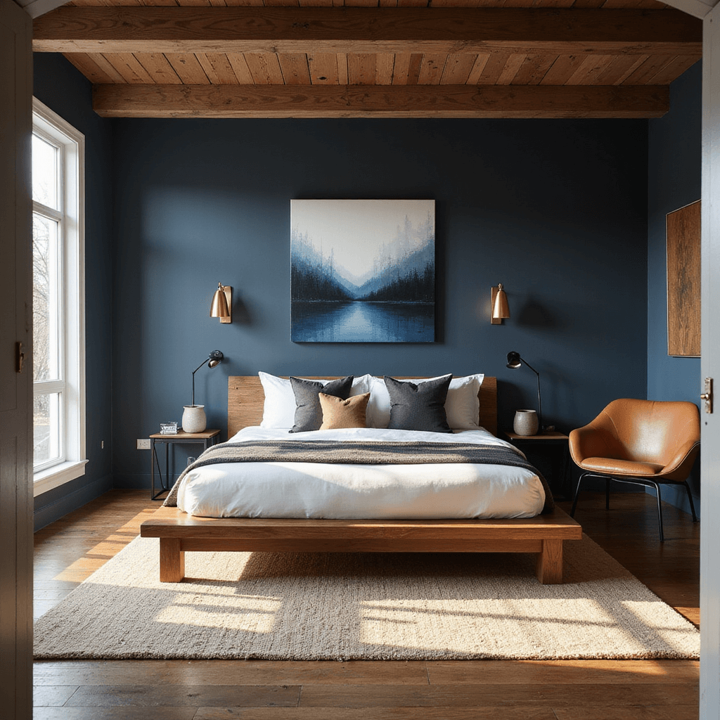 Men's Bedroom Ideas: Crafting a Space That Speaks Your Style A masculine bedroom featuring a walnut platform bed against a navy accent wall, illuminated by golden hour sunlight through floor-to-ceiling windows, with brushed brass sconces, abstract art, crisp white linens, and a camel leather chair, all under exposed wooden beams.