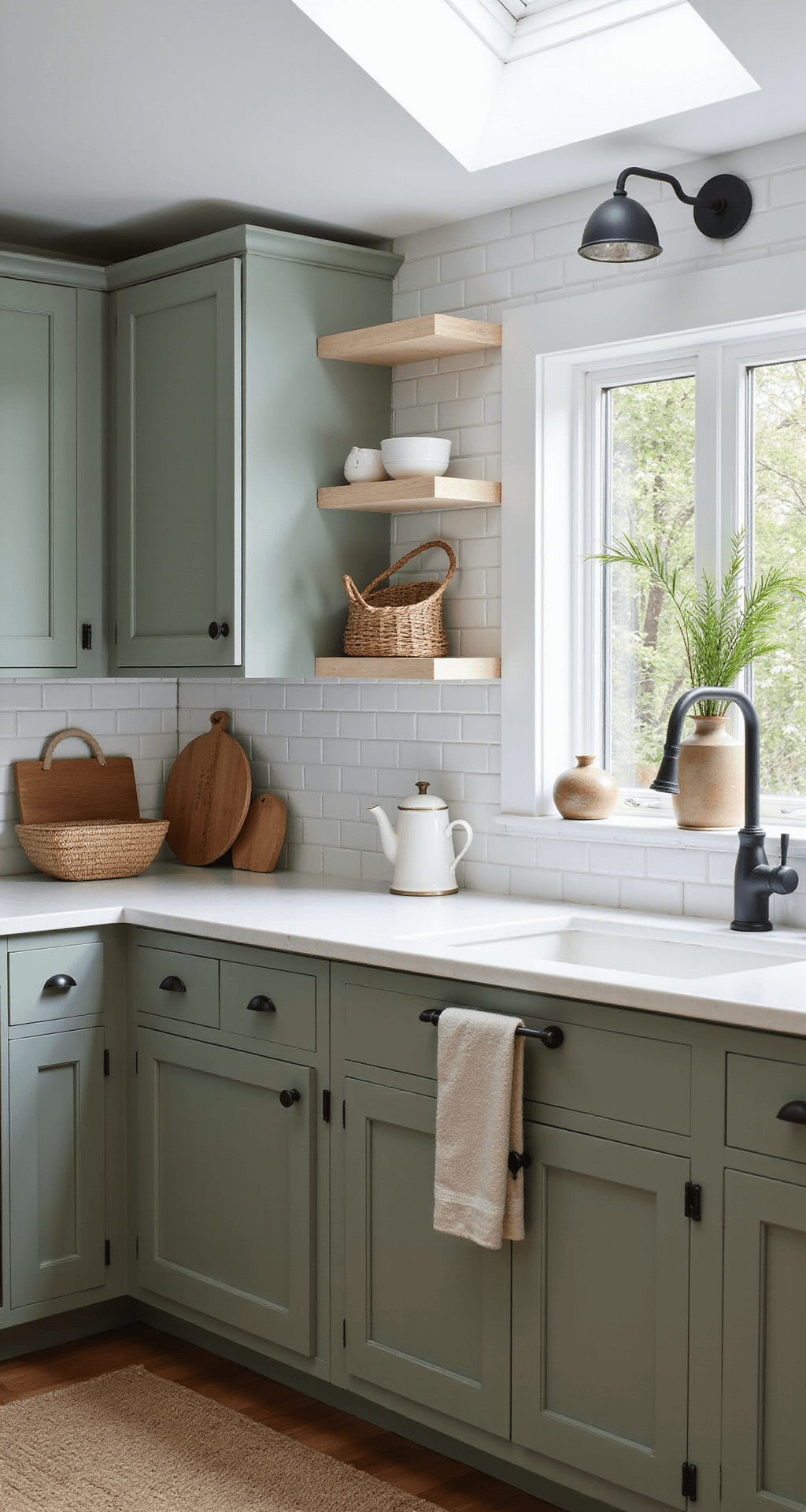 Kitchen Cabinet Makeover: Transform Your Space Without Breaking the Bank Intimate morning scene of a sage green kitchen with diffused natural light from a skylight, featuring matte black hardware, vintage copper accessories, and textural elements like woven baskets and linen tea towels.