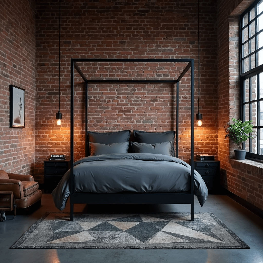 Men's Bedroom Ideas: Crafting a Space That Speaks Your Style An industrial-style bedroom featuring an exposed brick wall, black metal canopy bed with slate gray linens, and a distressed leather armchair beside a raw steel side table. The scene captures the moody blue hour ambiance with a pendant light casting dramatic shadows, polished concrete floors, and a geometric charcoal and cream area rug. The low camera angle emphasizes the ceiling height and industrial details.