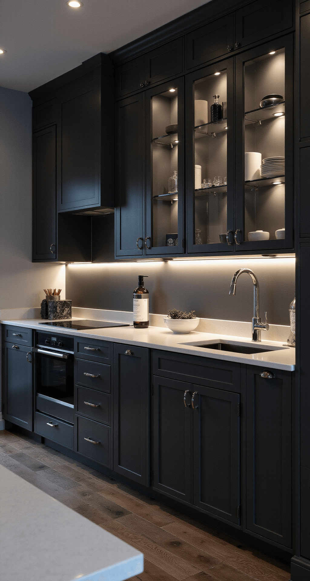 Kitchen Cabinet Makeover: Transform Your Space Without Breaking the Bank A dramatic dusk view of a modern kitchen featuring charcoal grey cabinets, atmospheric under-cabinet lighting, polished chrome hardware, and minimalist black and white accessories, all captured from a slight downward angle. Glass-front cabinets are backlit to highlight their contents, creating a striking interplay of light and shadow against the color scheme of deep charcoal and bright whites.