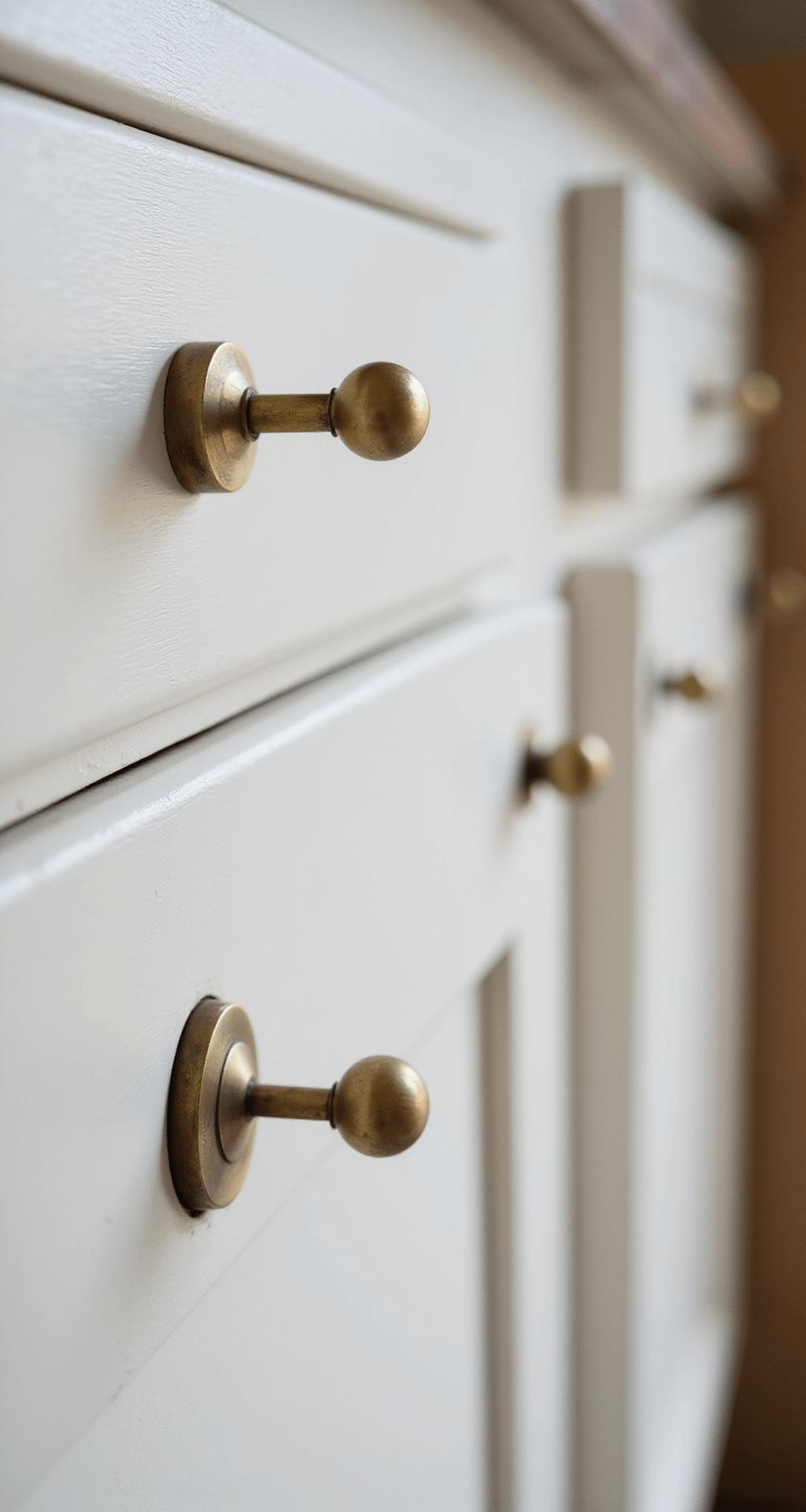 Kitchen Cabinet Makeover: Transform Your Space Without Breaking the Bank Close-up of newly installed brass cabinet pulls on a freshly painted white cabinet, highlighting the texture and finish with soft natural lighting and a blurred background showcasing wood grain and cabinet details.