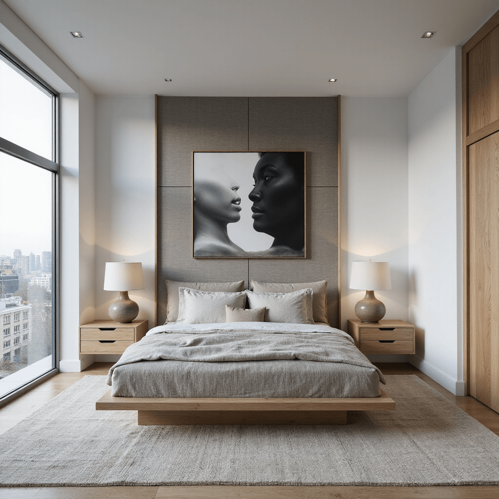 Men's Bedroom Ideas: Crafting a Space That Speaks Your Style Modern minimal master bedroom at dawn with floor-to-ceiling windows showcasing city views, a bleached oak platform bed against a textured warm gray accent wall, floating nightstands with ceramic lamps, oversized black and white photography, and layered neutral bedding.