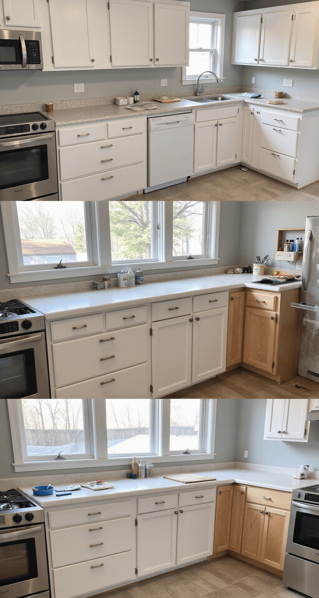 Kitchen Cabinet Makeover: Transform Your Space Without Breaking the Bank A wide kitchen scene showing a cabinet painting process, with removed cabinet doors arranged for painting under even northern light. The workspace captures various stages from prep to finish, with paint supplies artfully displayed, featuring a color palette of primer white, final paint samples, and raw wood tones. The documentary-style image is taken from standing height, emphasizing technical details of the painting technique.