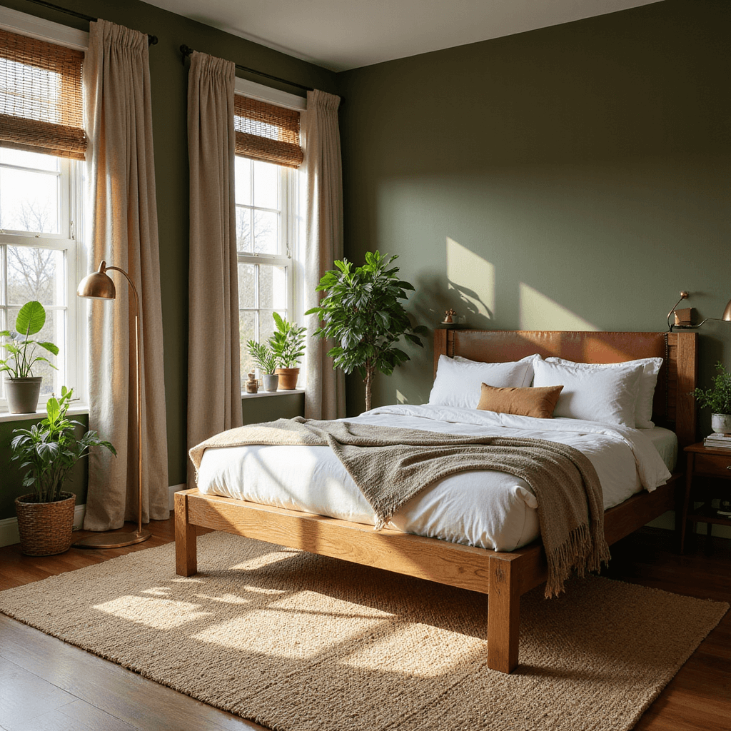 Men's Bedroom Ideas: Crafting a Space That Speaks Your Style A cozy mid-morning bedroom with olive green walls and a reclaimed wood bed frame featuring a leather headboard, accented by potted fiddle leaf fig and snake plants. A brass floor lamp casts warm light over a textured jute rug, while woven bamboo blinds and heavy linen drapes filter the natural light. The camera captures the depth of the room, highlighting the interaction of organic elements and textures.