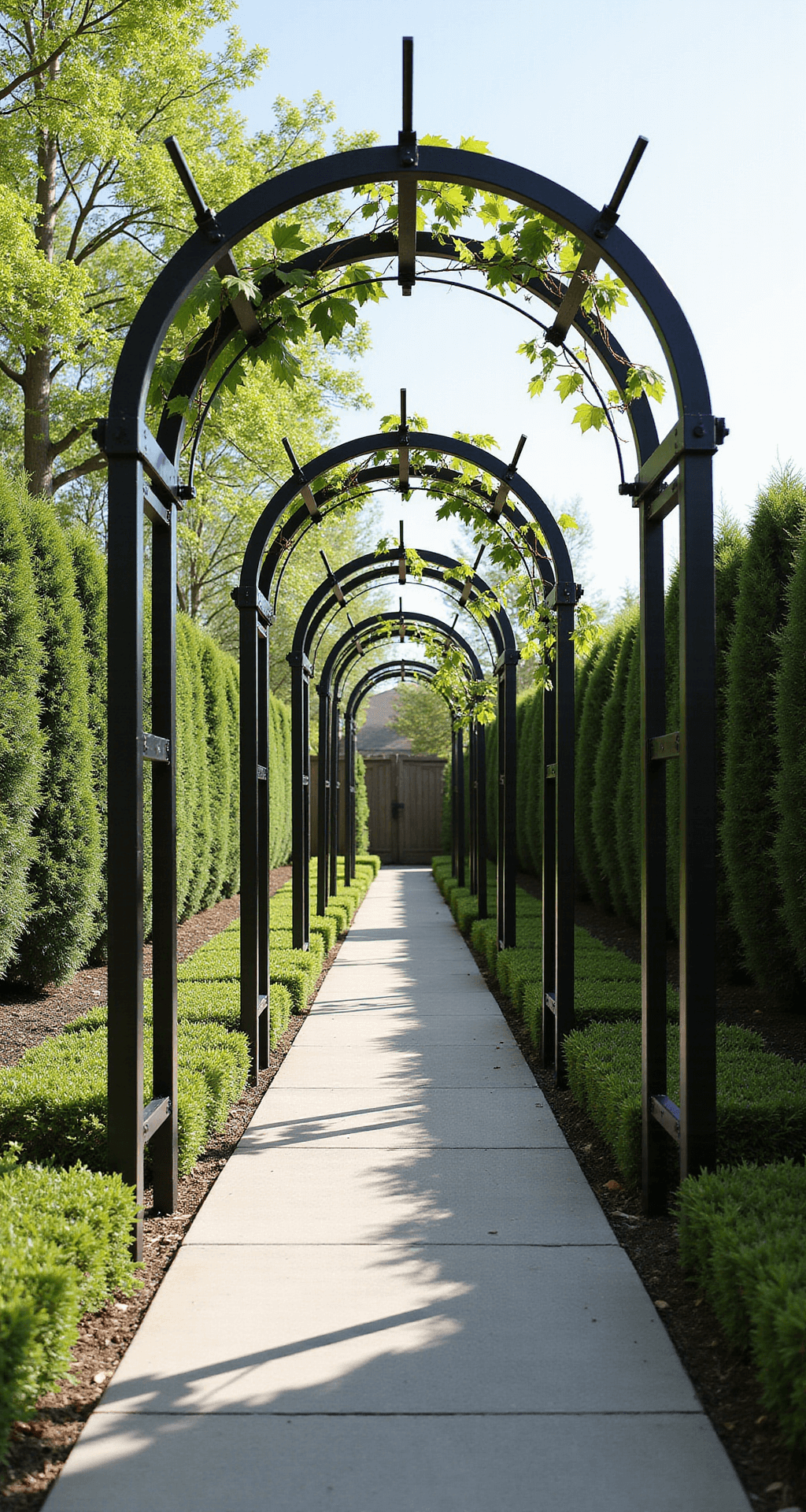 Garden Arches: Transform Your Outdoor Space into a Magical Retreat Three minimalist black steel arches installed along a modern concrete pathway, surrounded by emerging clematis vines and framed by boxwood hedges, captured in high-key lighting during mid-morning.