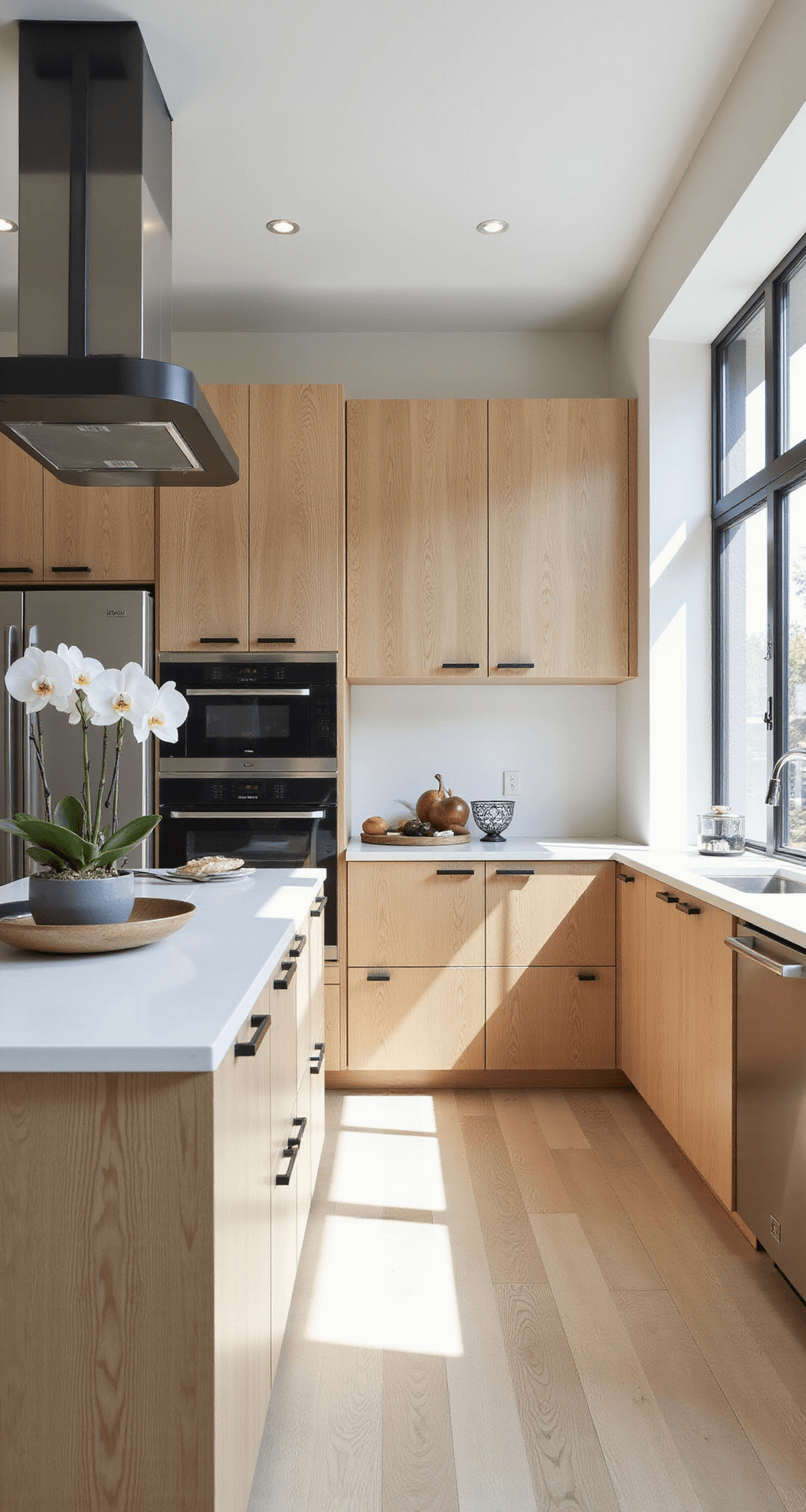 White Oak Kitchen Cabinets: Transform Your Kitchen with Timeless Elegance and Durability Modern minimalist kitchen featuring floor-to-ceiling rift-cut white oak cabinets, a quartz waterfall island, and wide-plank white oak flooring, illuminated by morning light from large windows, with minimal decor including an orchid and geometric fruit bowl.