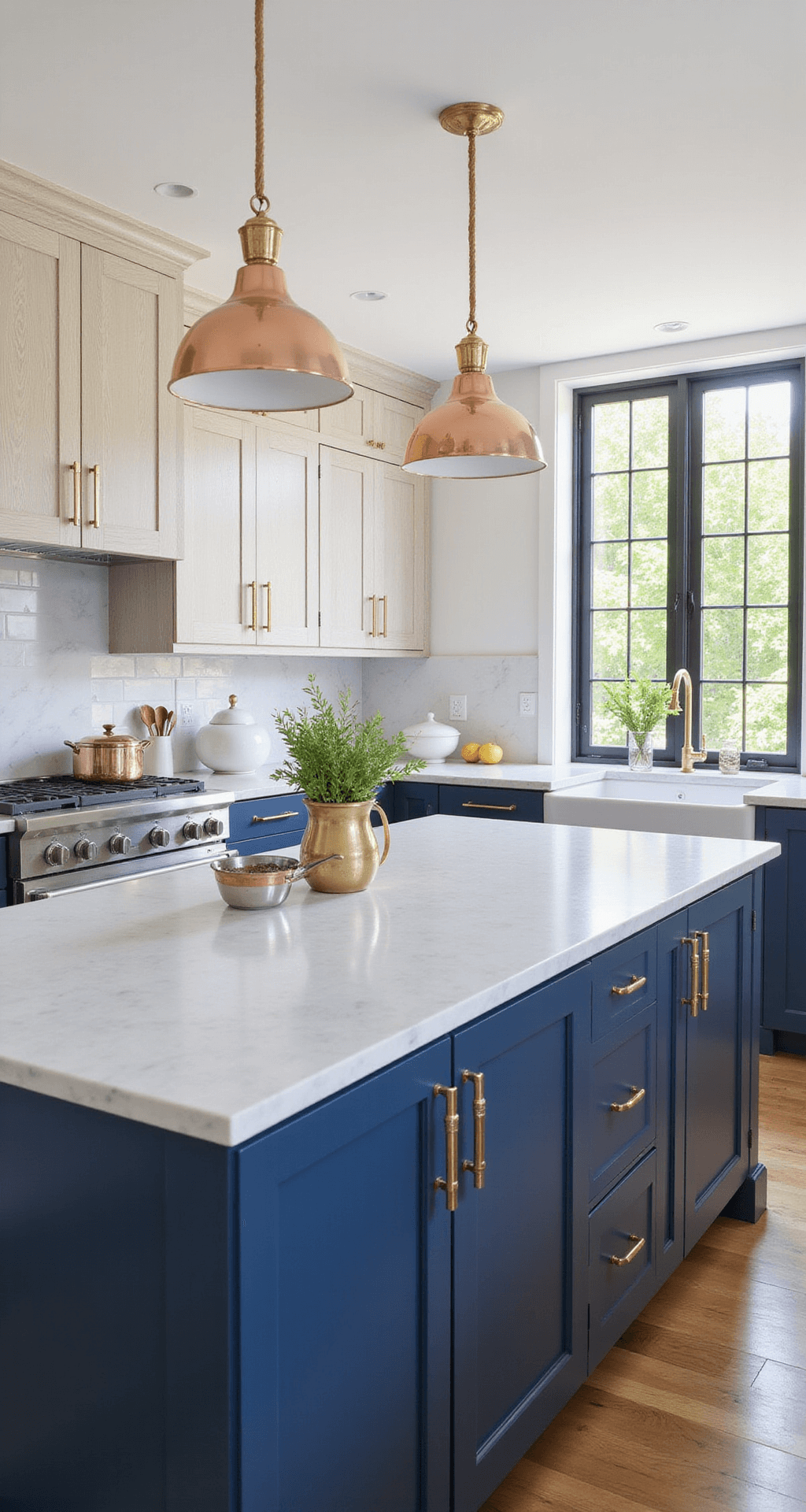 White Oak Kitchen Cabinets: Transform Your Kitchen with Timeless Elegance and Durability A transitional kitchen featuring cerused white oak upper cabinets and navy lower cabinets in a 14x20ft space with 9ft ceilings, illuminated by natural light and pendant lighting over a marble-topped island, showcasing layered decor with copper cookware, white ceramics, and fresh herbs.