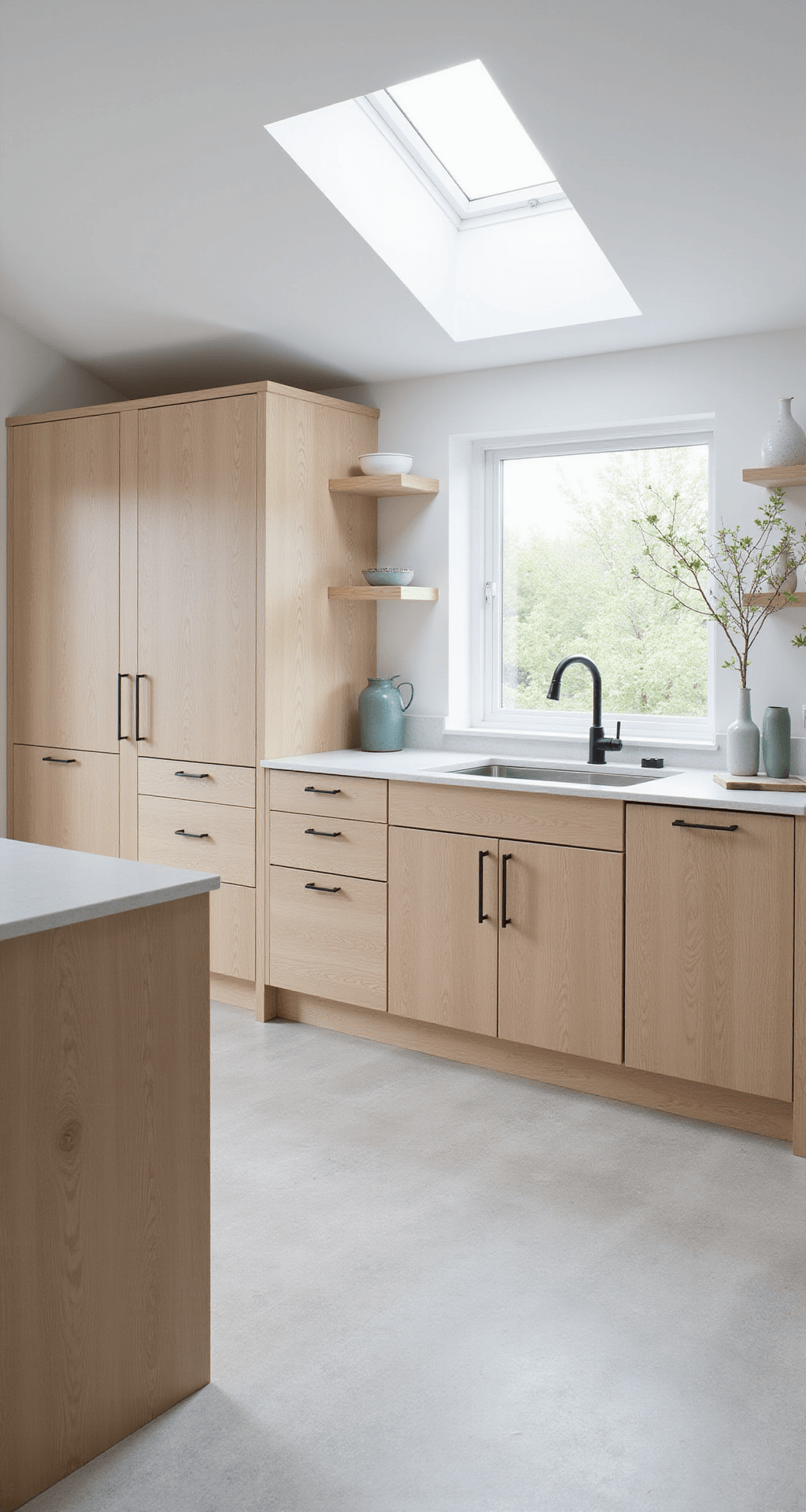 White Oak Kitchen Cabinets: Transform Your Kitchen with Timeless Elegance and Durability Bright Scandinavian kitchen featuring natural raw white oak cabinets with invisible hardware, a pitched ceiling, and pale limestone flooring, illuminated by skylight, with minimal decor of pale ceramics and preserved botanicals.